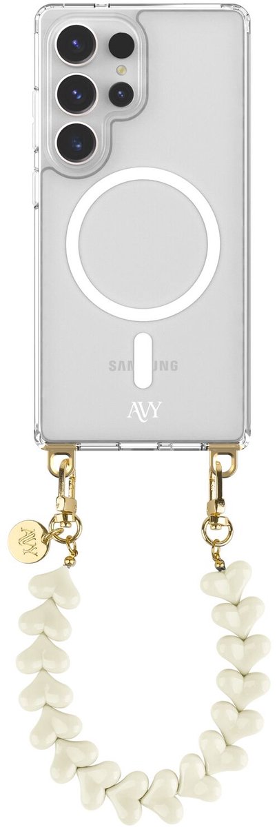 AVY Hoesje geschikt voor Samsung Galaxy S25 Ultra | Compatibel met MagSafe | Clear Case met Telefoonkoord 30CM | Polsband Cupid Beige