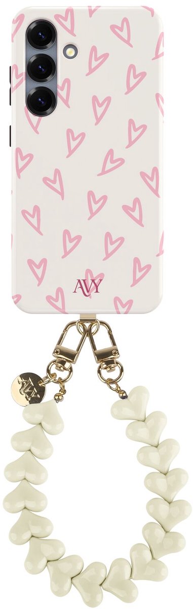 AVY Hoesje Met Telefoonkoord | Geschikt voor Samsung Galaxy S25 | Compatibel met MagSafe | Hard Shell Back Cover | Stijlvol Bijpassend Koord 30CM | Lovely Hearts | Roze