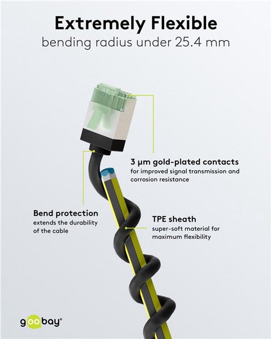 Câble réseau noir et flexible avec connecteur vert. Gaine TPE, contacts plaqués or 3 µm.
