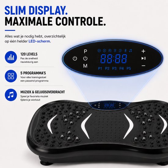 Close-up van het zwarte LED-display van een trilplaat met programma- en snelheidsindicaties.