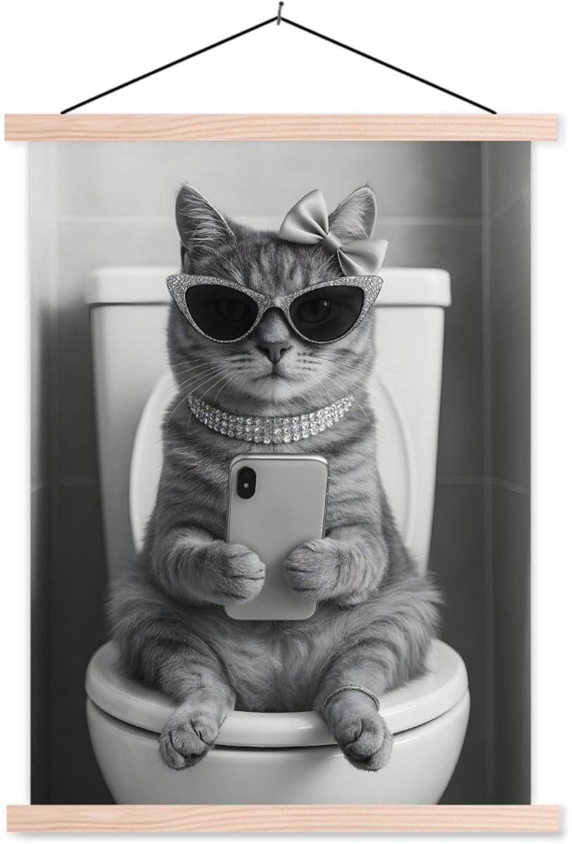 Posterhanger incl. Poster 87x120 cm - Schoolplaat - Kat - Telefoon - Toilet - Zwart - Wit
