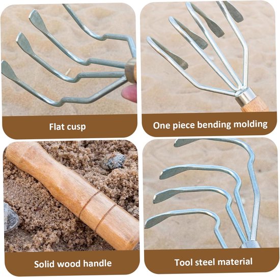 Mosselschep - 4 tanden, staal, antislip, houten steel, voor mossel, tuin en strand — afbeelding 4