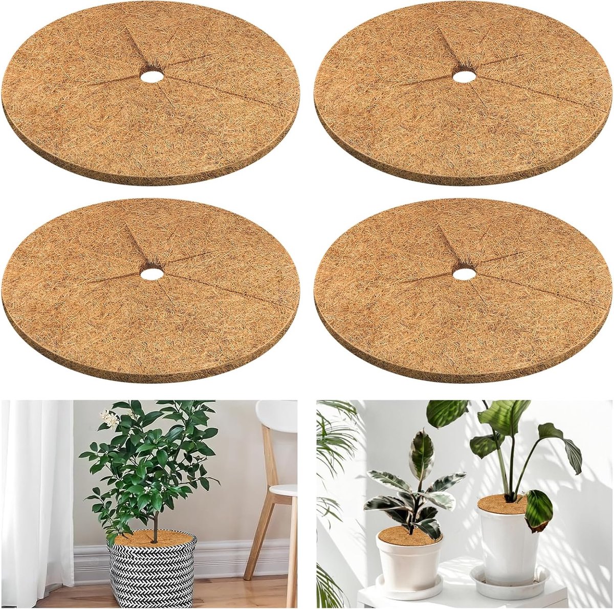 4 Stuks Kokos Plantbescherming - Kokos Planten Cover - Kokos Plantenbedekking - Kokosschijf - Natuurlijke Kokos Mulch - Plantencover - Vochtvasthoudend - Onkruidbestrijding - 11.8 Inch - Voor Binnen en Buitenplanten - Bruin