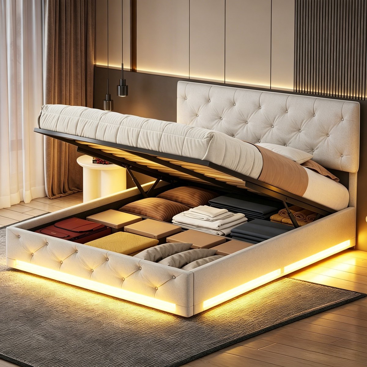 MEXUS Gestoffeerd Bed 140x200 cm - Met LED-verlichting en Hydraulische Opbergruimte - Tweepersoonsbed Met Lattenbodem - Opbergbed - Zonder Matras - PU Beige