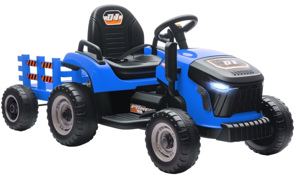 Blauw Afmetingen 139 x 58 x 55 cm elektrische kindertractor met afneembare aanhanger en afstandsbediening, soft-start functie en 2 rijmodi (kind of ouder), snelheid 3–5 km/u, 6 wielen voor extra stabiliteit, realistische geluide