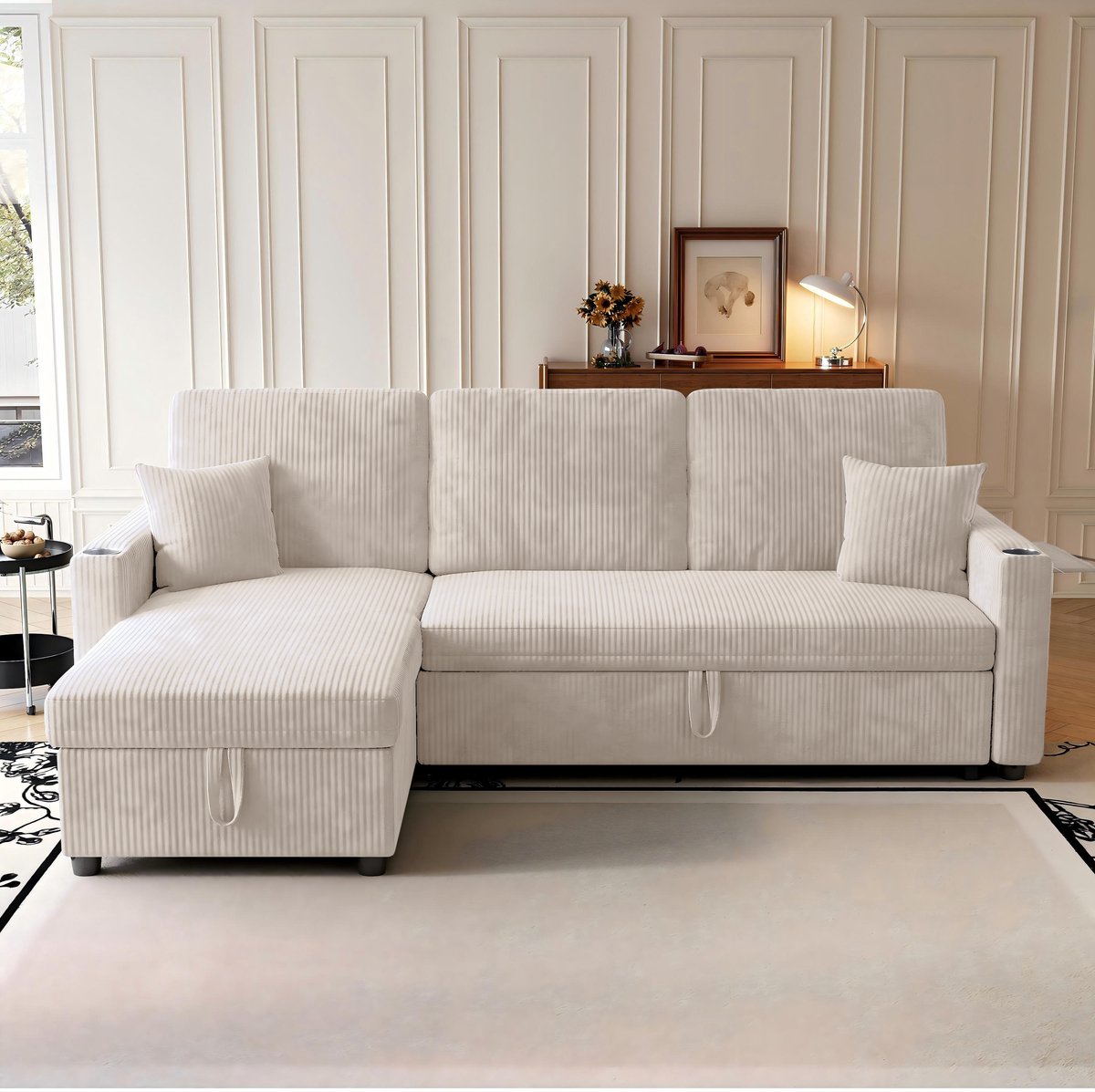 DESMIU Hoekbank 207,5 x 142 cm - Slaapbank Met Opbergruimte En Chaise Longue Links - Voor Woonkamer En Appartement - Corduroy Beige
