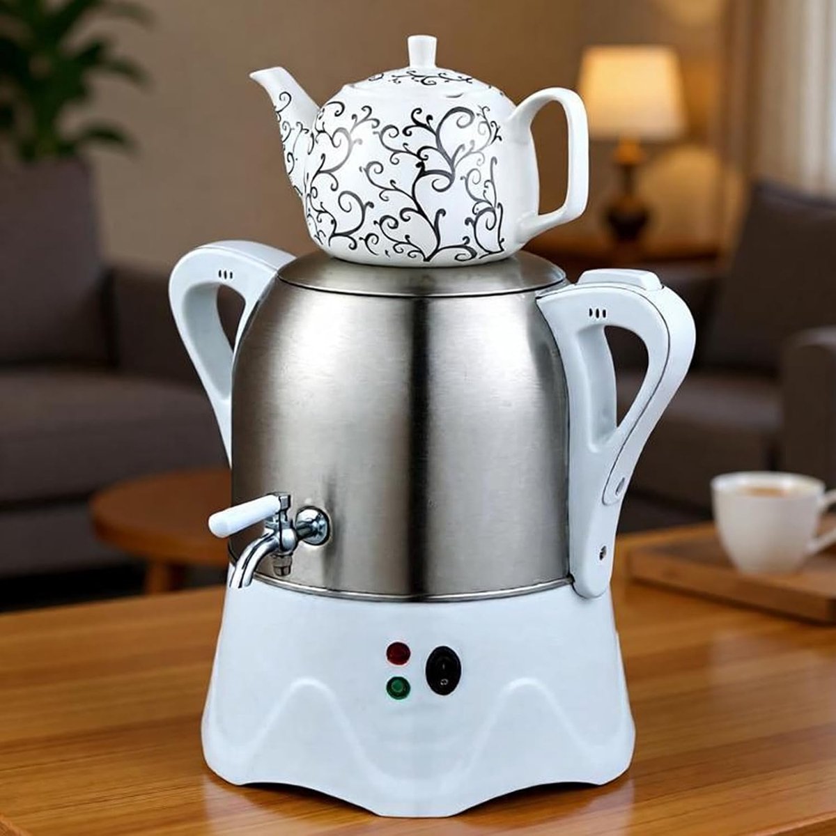 Elektrische Turkse Samovar - Theemaker Waterkoker - Thee Zetten - Dubbele Theepot - 3L + 1L - Wit