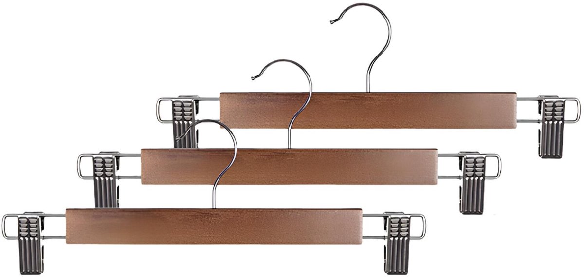 CM Broeken / rokken kledinghangers - 3x stuks - donker hout - 33 cm - met klemmen - Kledingkast hangers - kleerhangers - broekhangers