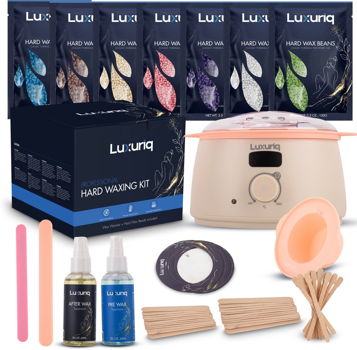 Luxuriq® Professionele Wax Apparaat - Inclusief 700 gram Hard Wax Bonen - Wax Beans Verwarmer - Wax Heater - Ontharing Set - Wax Set - Harsontharing - Waxverwarmer - Pre & After Wax - Siliconen Wax Sticks - Harsapparaat - Beige
