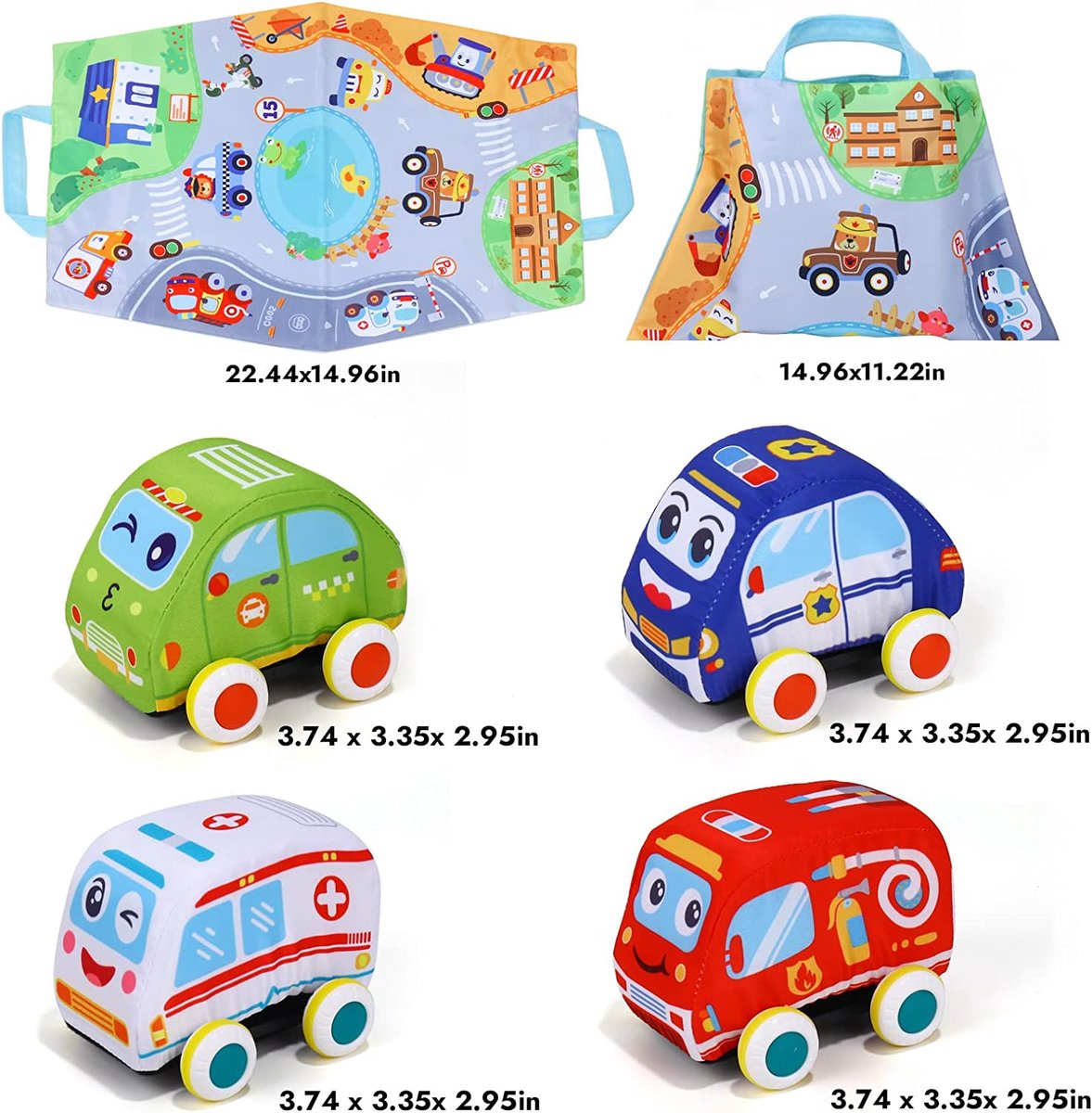 Speelmat Auto's Met Opbergtas - 4 Houten Voertuigen - Speelkleed Auto - Educatief Speelgoed - Cadeau Jongens En Meisjes Vanaf 1 Jaar — afbeelding 6