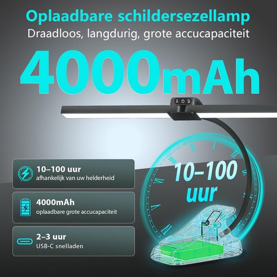 Oplaadbare LED Bureaulamp met 64 LEDs - 4 Kleurtemperaturen, 3 Helderheidsniveaus, Draadloos, Touchbediening, Ideaal voor Tekenen & Schilderen — afbeelding 4