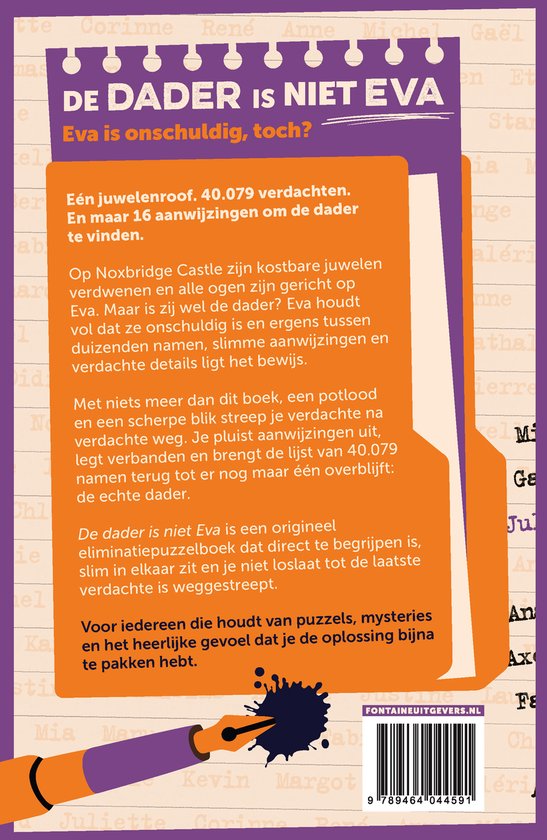 Boekkaft met de titel 'DE DADER IS NIET EVA' en een inktspat.