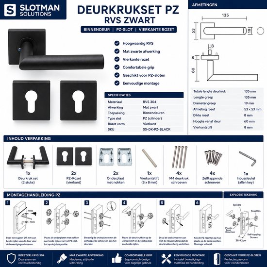 Deurkruk set RVS mat zwart met vierkante rozet en cilindergat (PZ). Inclusief montagehandleiding en afmetingen.