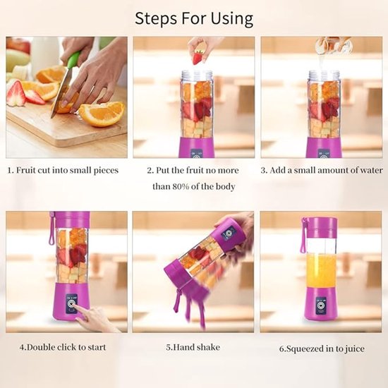 Elektrische Smoothie Maker - USB Blender - Draagbare Mini Mixer - Sapcentrifuge - Shakes en Smoothies - 380 ml - 6 RVS Mesjes - Paars — afbeelding 5