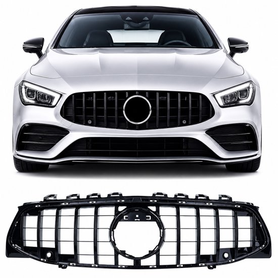 Zilverkleurige auto met glanzend zwarte grille, verticale spijlen, witte koplampen, vooruitzicht.