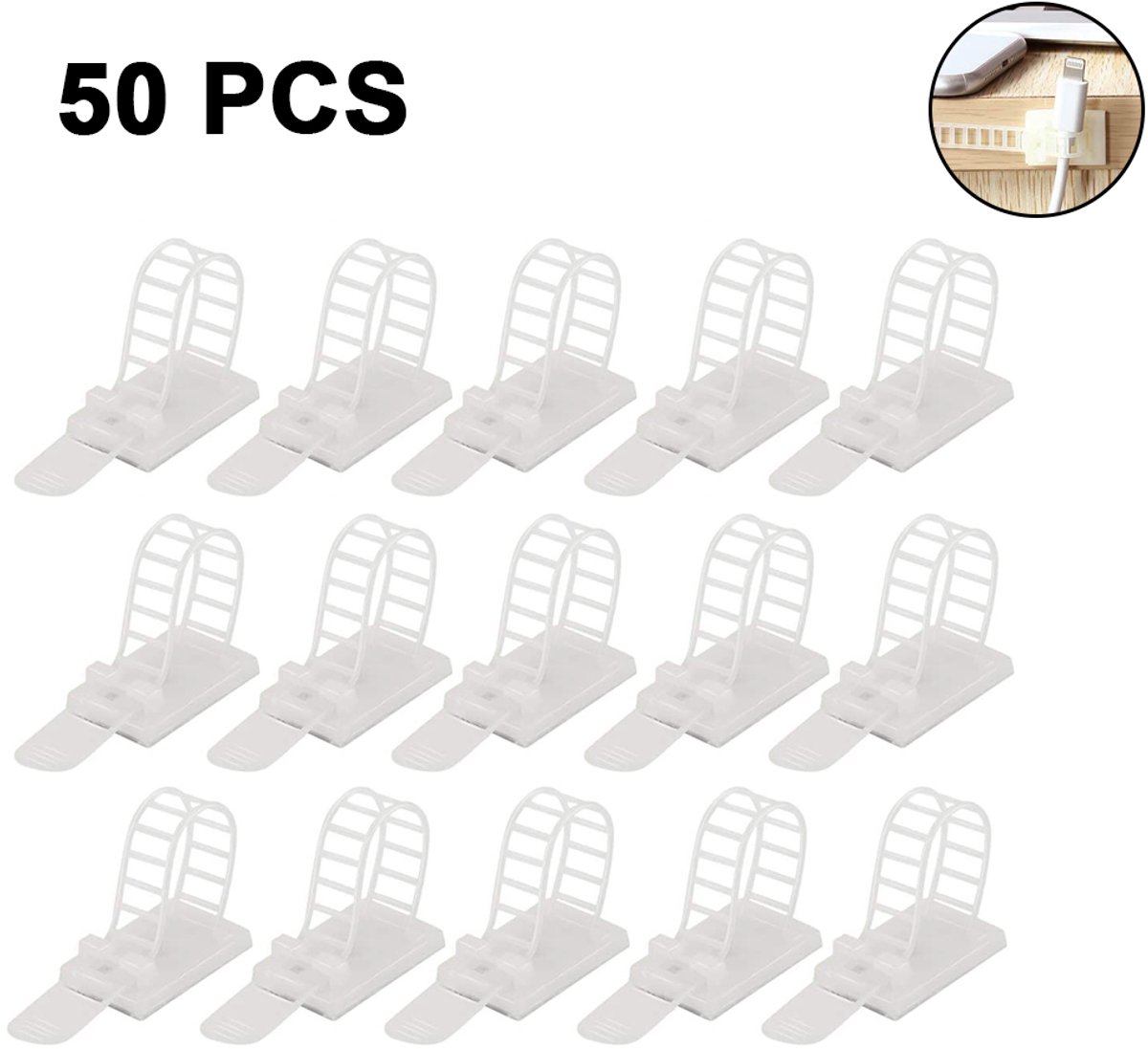 carmdering - kabelbinders, Kabelclips Zelfklevend, Sterk & Verstelbaar - Set van 50 stuks - Wit Nylon - Kabelbeheer - Bureau organizers