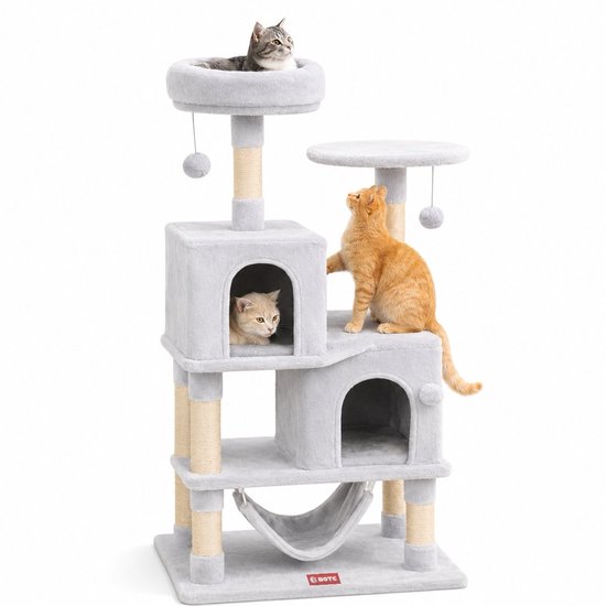 Grijze krabpaal met drie verdiepingen, twee huisjes, hangmat, drie zitplaatsen en twee balletjes, met drie katten.