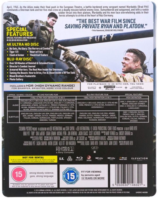 De achterkant van de "Fury" Blu-ray-box toont details over speciale functies en een afbeelding van soldaten op een tank.