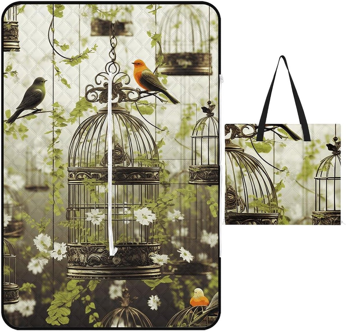 Picknickdeken Waterdicht - Strandkleed Kampeer kleed - Buitenactiviteiten - Opvouwbaar met print - 150x100cm - Vogelkooien en Vogels