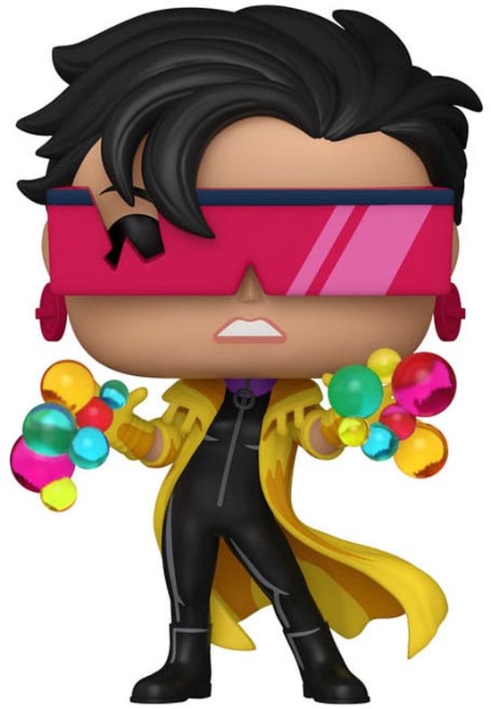 Funko Pop van Jubilee, nummer 1536. Ze draagt een zwart pak met gele jas en roze bril, en houdt felgekleurde bellen vast.