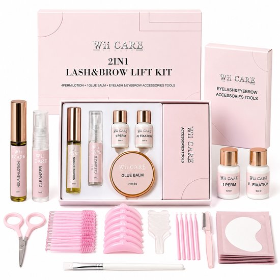 Wii Care 2in1 Lash & Brow Lift Kit in roze verpakking, compleet met alle accessoires.