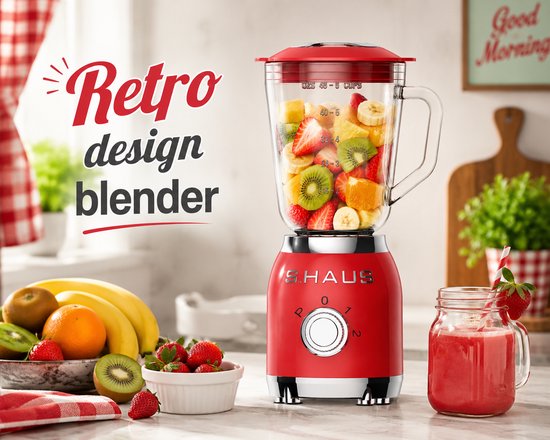 Swiss Haus® BL1915 Blender - 1.5L Glazen Kan - 2 Snelheden + Pulse Functie - 600W Smoothie Maker - Retro Design - Veiligheidsschakelaar - Vaatwasmachine Bestendig - Rood van Merkloos — afbeelding 2