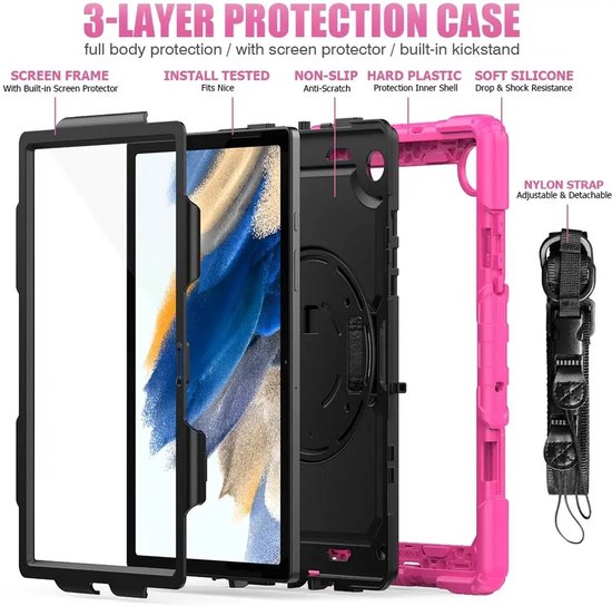 Étui avec protecteur d'écran intégré adapté au Samsung Galaxy Tab A8 | Comprend une dragonne et une bandoulière rotatives à 360° | Protection extrême | Idéal pour une utilisation professionnelle | Rose