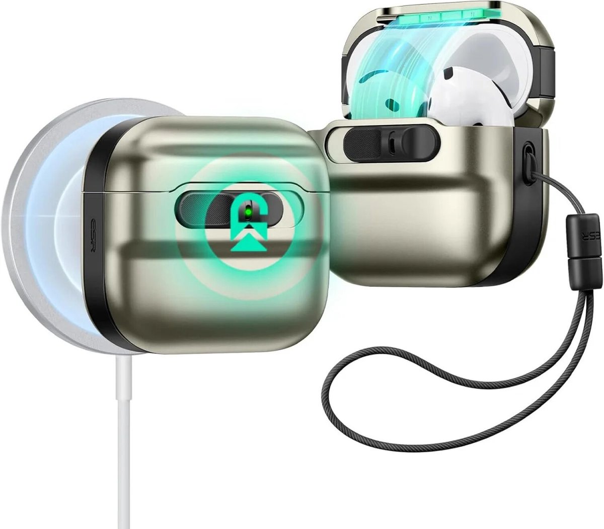 ESR Halolock Pulse Magnetic Lock Hoesje geschikt voor AirPods 4 (AirPods 4e Generatie) (2024) - Compatibel met MagSafe - Titanium