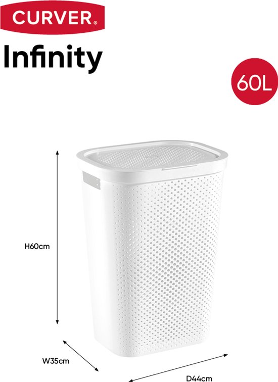 Curver Infinity 60L witte wasmand met deksel, hoogte 60cm, breedte 35cm, diepte 44cm.