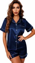 Pyjama Satijn Sophisticated - Blauw - Lingerie - Shirt en broekje - Blouse - Nachtkleding - Chic