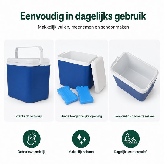 Koelbox 30 Liter - Inclusief 2 Koelelementen - Blauw/Wit - Met Draaghendel - 40,5 x 29,6 x 38,2 cm - Voor Camping, Strand, Picknick en Onderweg van Koelbox. — afbeelding 3