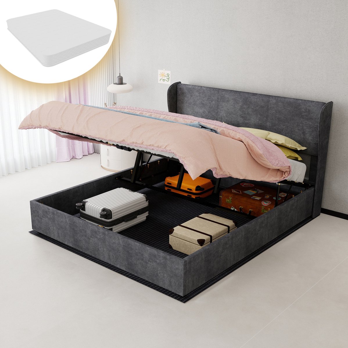 COVREO Bedframe 160x200 cm grijs stof, met opbergruimte en gasveer