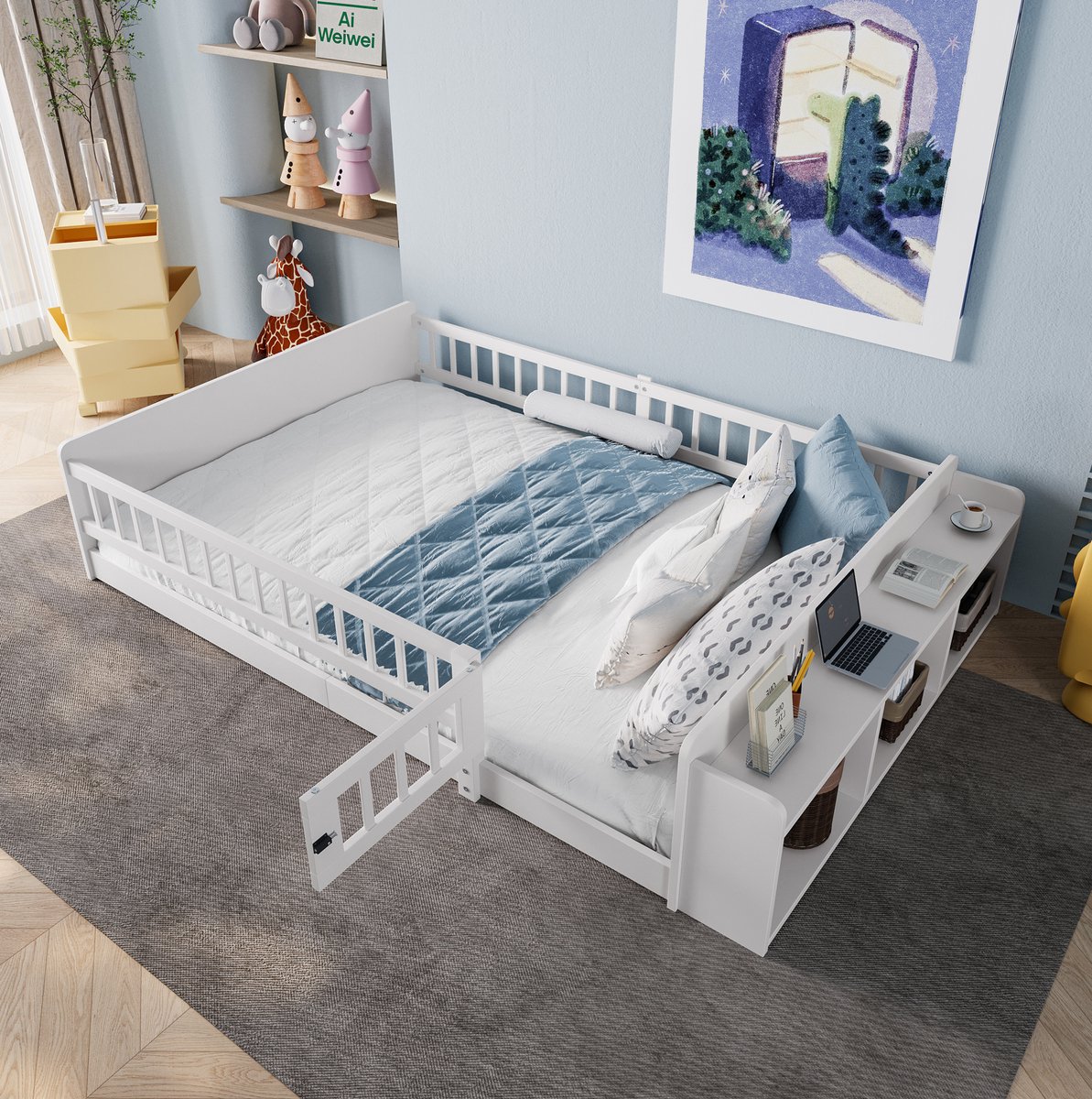 COVREO Kinderbed 213x145 cm – wit, hout en MDF, met open opbergruimte en hekje
