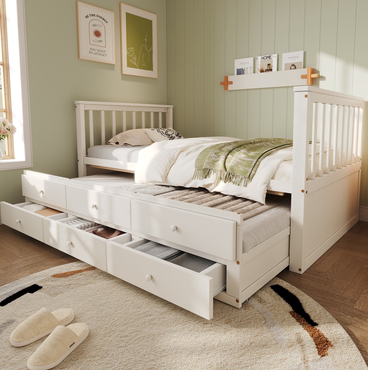 90x200cm (90x190cm) Eenpersoonsbed, kinderbed, slaapbank, massief houten bed, eenpersoonsbed met uitschuifbaar bedframe, eenpersoonsbed met drie lades, wit