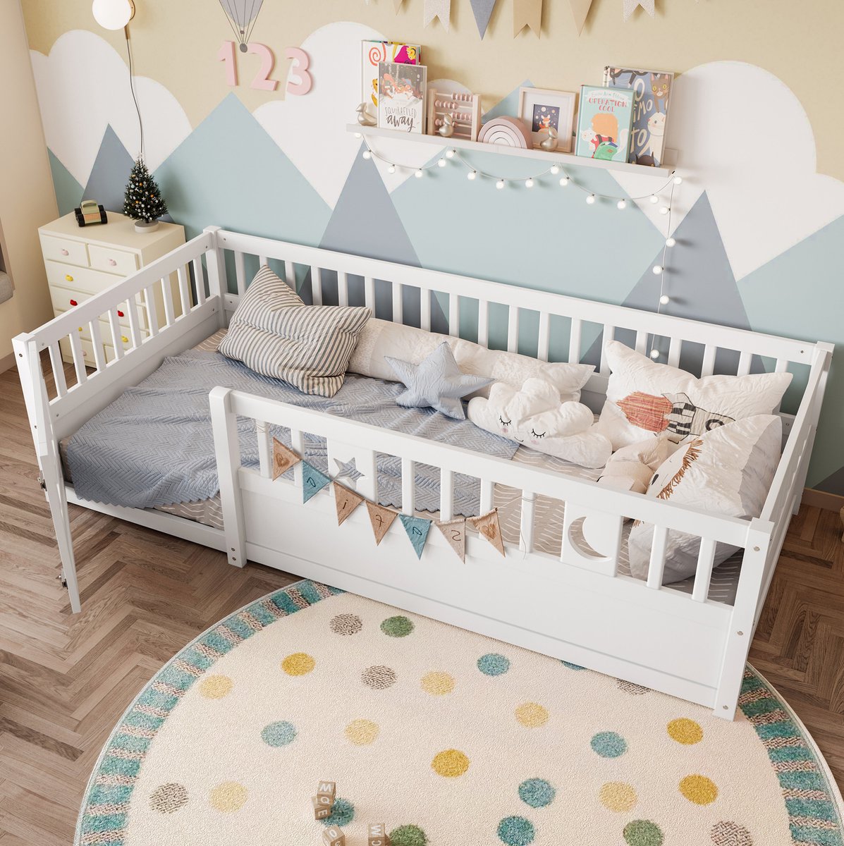 COVREO Kinderbed 196x96x55 cm – wit, houten frame, veiligheidshek met slot