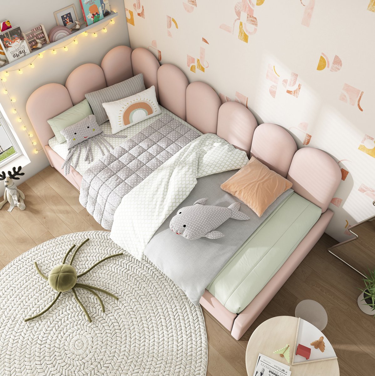 Gestoffeerd bed, eenpersoonsbed met lades, bed met opbergruimte, fluwelen slaapbank, slaapbank, slaapbank van 90x200 cm met lattenbodem, kinder- en tienerbedden, roze (matras niet inbegrepen).
