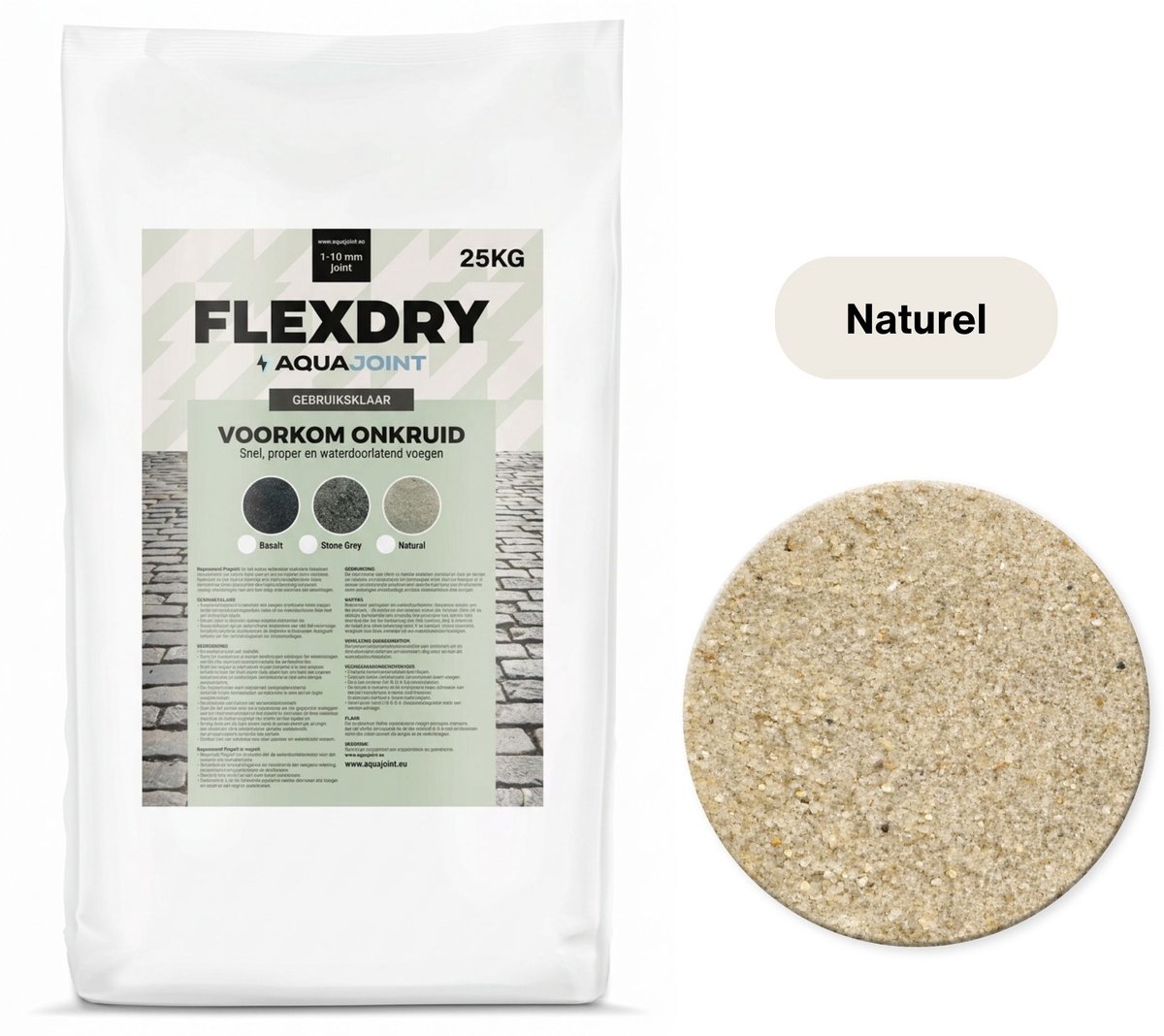AquaJoint FlexDry Naturel 25 kg – Waterdoorlatend Polymeer Voegzand tegen Onkruid – Terras & Oprit (vanaf 1 mm voegbreedte)