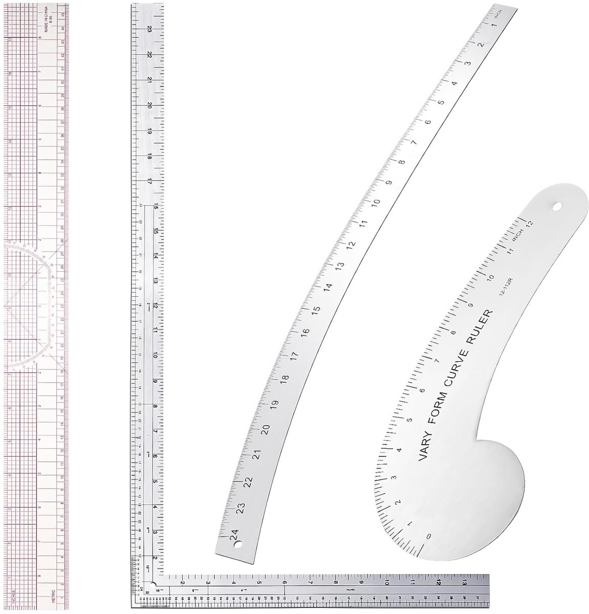 Mode Ontwerper Liniaal Set - Kleermakers Liniaal Set - Kleding Ontwerpen - Aluminium en Plastic - 4 Stuks - Transparant