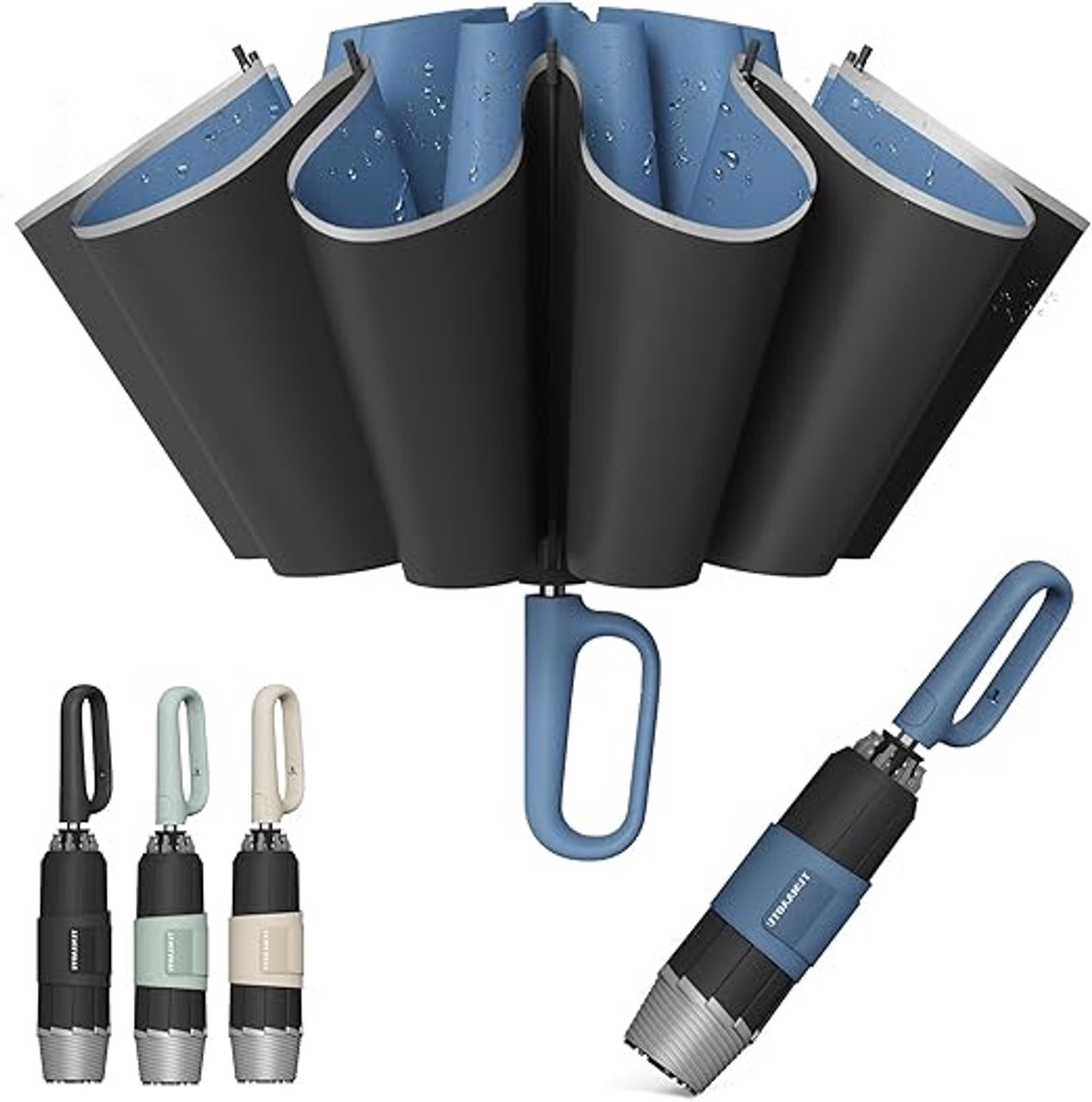 Omgekeerde Paraplu met Carabinerhandvat - Compact Windbestendig - Zon & Regenbescherming - Draagbaar Opvouwbaar - 10 Ribben - Unisex - 1 Stuk