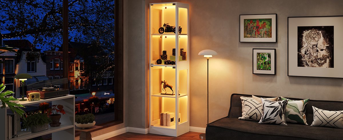 LED Vitrinekast - Displaykast Met Glasdeur Wit App Gestuurde Verlichting