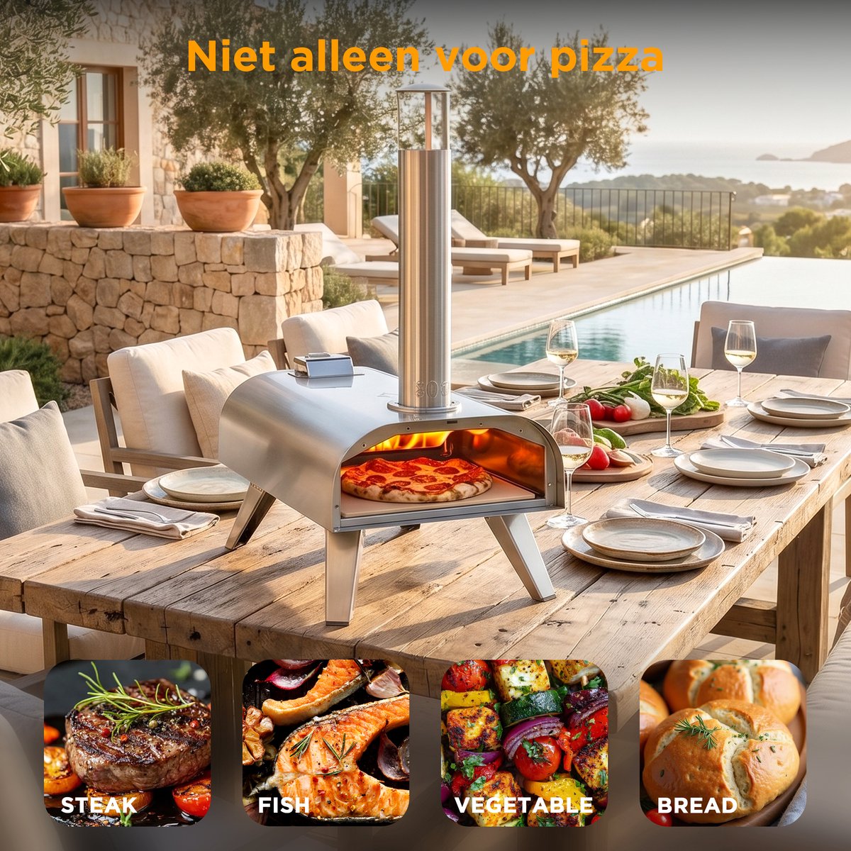 Bighorn Wood Pellet Pizza oven voor buiten - Pizza Gourmet - Pizzaoven Barbecue - Edelstaal - Tot 460°C - met Draagtas – foto 4