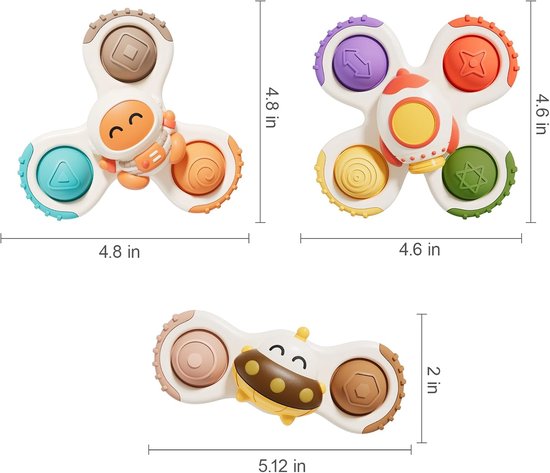 COOAU - 3 Stuks Ruimte Zuignap Spinner Speelgoed voor Baby - Astronaut Raket UFO Zintuiglijk Fidget Speelgoed - Montessori Pop It Siliconen Bijtspeelgoed - Peuter Bad Eetstoel Raam Reisspeelgoed 1-3 Jaar van Cooau — afbeelding 3
