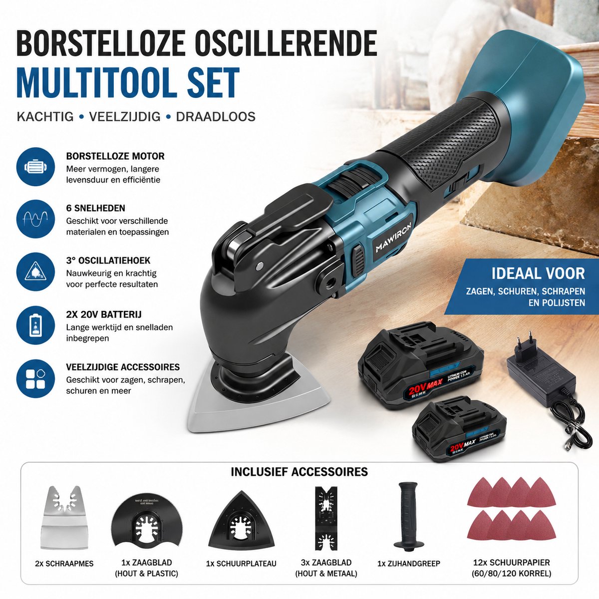 Borstelloze Oscillatie Multitool / Oscillerende Zaag / Schuurmachine – 20V 1.5Ah (2 accu's + lader) – Met 8 accessoires: zagen, schrapers, schuurvellen & schijven – Voor schuren, zagen, schrapen & snijden – Incl. opbergtas - afbeelding 1