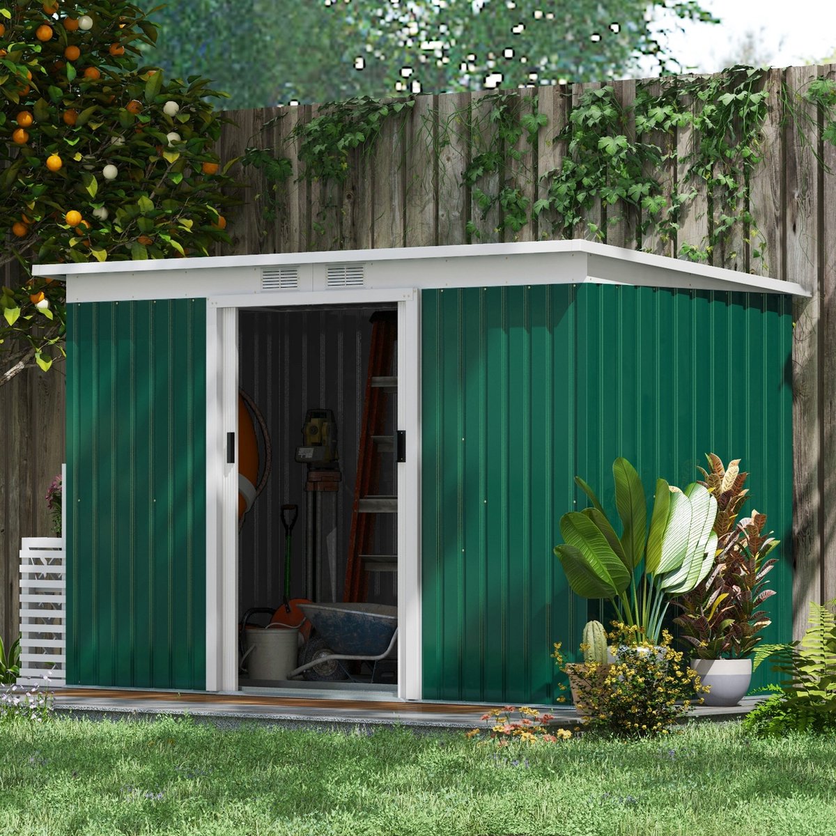 Tuinhuis Metaal, Metalen Schuurtje, Tuinberging Metaal, Gereedschapsschuur, Tuinschuur, Berging Met Schuifdeur, Ventilatieraam, Lessenaarsdak, Buiten, Staal, Donkergroen, 280 X 130 X 172 Cm