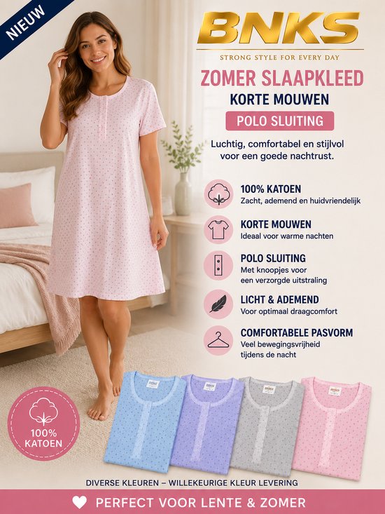 Robe de nuit d'été pour femme – 100 % coton – Manches courtes – Patte de boutonnage polo – Tailles S à 3XL – Diverses couleurs