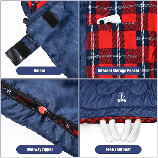 Dubbele Slaapzak - Tweepersoons Slaapzak - Kamperen en Reizen - Flanel Voering - 230 x 160 cm - Blauw-Rood — afbeelding 3