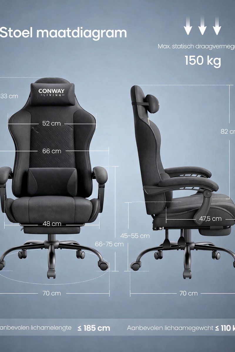 Conway Living® | Bureaustoel Ergonomisch met Verstelbare | Gaming Stoel | Rugleuning 90–135° | Kunstleer | Hoofd- & Lendekussen | Uitschuifbare Voetensteun | Ademend PU | Zwart – foto 8