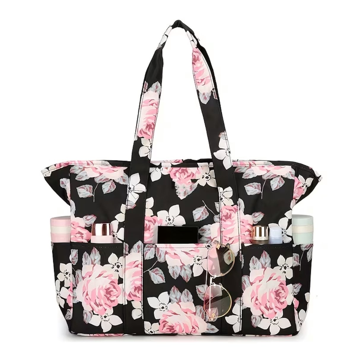 Twenty Two Grote strandtas met ritssluiting voor dames | met veel vakken | extra grote tas voor sporten, strand, zwembad, sauna, vakantie, big shopper | waterdicht | roze-zwart bloemen