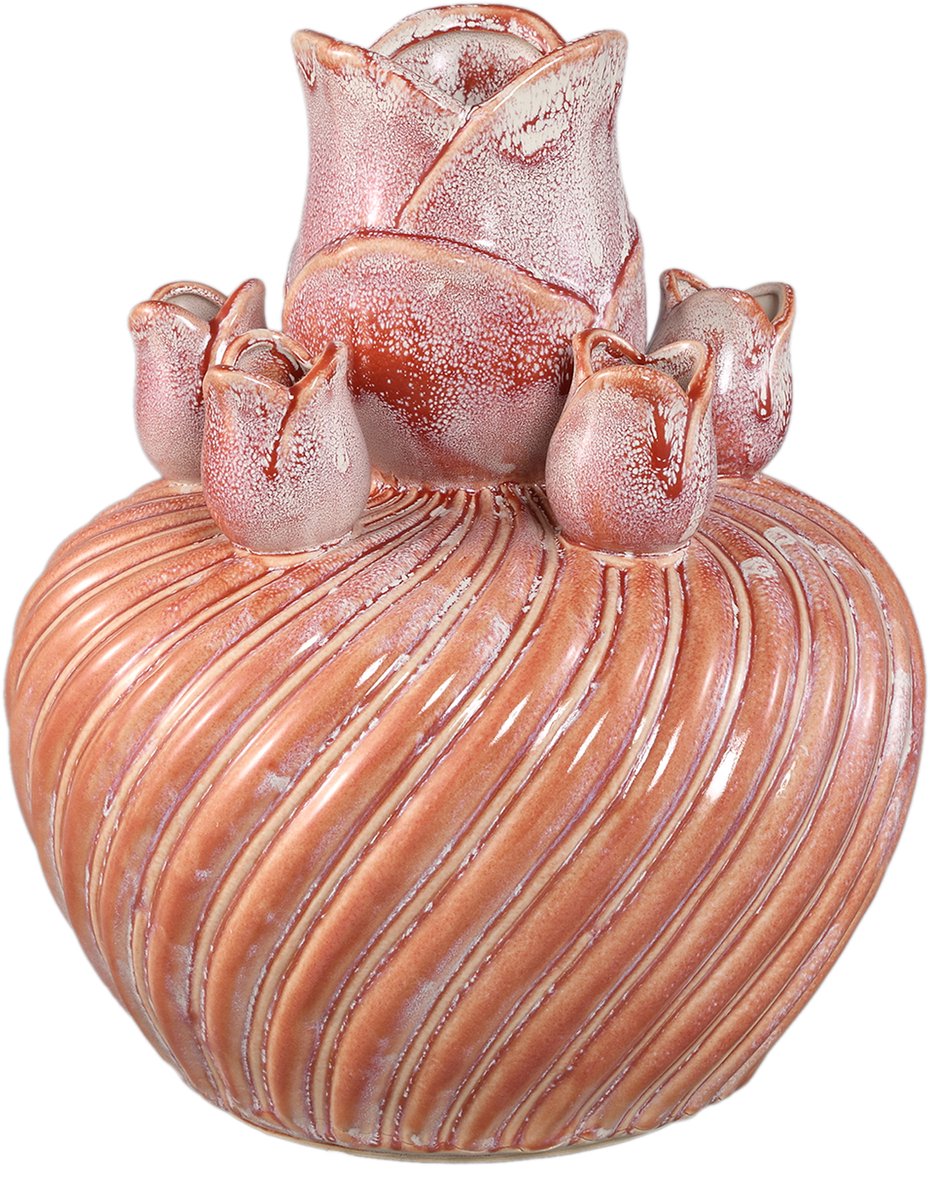 PTMD Mailia Peach Ceramic Round Tulip Vase With Swirl Oranje