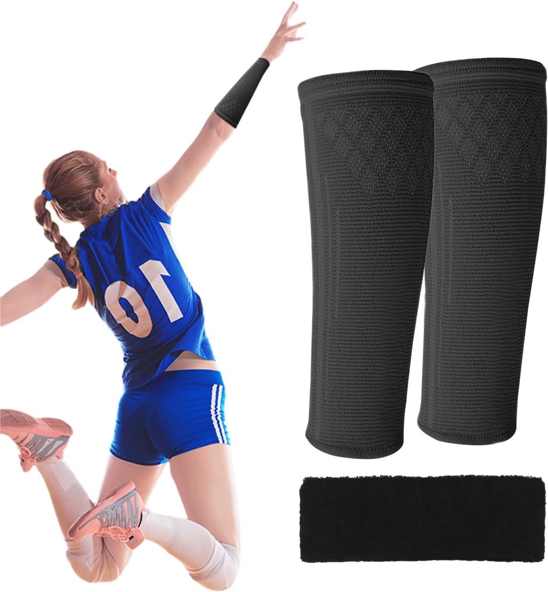 Zwarte volleybal onderarmbeschermers met zweetabsorberende bandana, elastische bescherming en sportaccessoires voor optimale prestaties